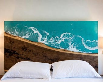 Slanted Ocean Wave Epoxy Headboard, Live Edge Wood Bed Backboard, Handmade Aqua Resin Coastal Bedroom Panel