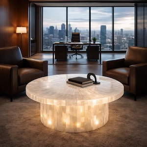 May include: A round, illuminated coffee table with a mosaic-like surface and a cylindrical base. The table is in a modern office setting with leather armchairs and a desk overlooking a cityscape. A stack of books and a black object sit on the table.