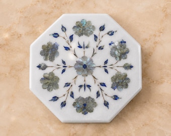 Handmade Octagon Marble Inlay Tile, White Floral Stone Art Tile, Labradorite Lapis Lazuli Wall Accent, 4 Inch Decorative Mosaic Tile