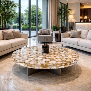 Handcrafted White Agate Coffee Table | Gold Electroplated Accent
