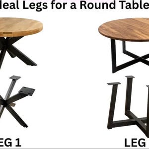 May include: Image showcasing round table legs. The image features two round tables with different leg designs. One table has a light wood top with black, star-shaped legs. The other has a dark wood top with black, cross-shaped legs. Below, the legs are shown separately.