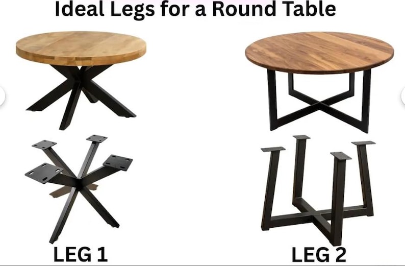 May include: Image showcasing round table legs. The image features two round tables with different leg designs. One table has a light wood top with black, star-shaped legs. The other has a dark wood top with black, cross-shaped legs. Below, the legs are shown separately.