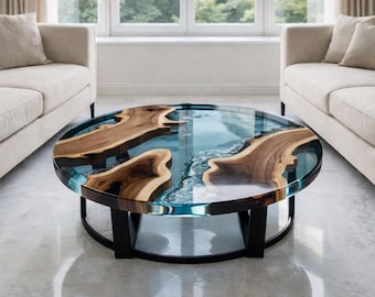 Round Epoxy River Coffee Table, Live Edge Wood Resin Table, Ocean Wave Center Table, Modern Handmade Coffee Table Living Room Decor