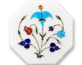 Handmade Multicolor Floral Marble Inlay Tile, Octagon White Marble Stone Tile, Turquoise Lapis Coral Decorative Mosaic Wall Tile