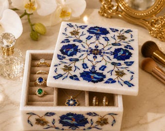 White Marble Jewelry Box with Blue Floral Inlay, Handmade Gemstone Jewellery Organizer, Luxury Keepsake Box, Wedding Gift