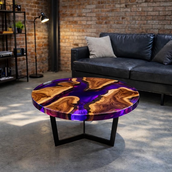 Purple Epoxy River Coffee Table Round, Live Edge Wood Resin Table, Modern Artistic Center Table, Unique Handmade Furniture Decor USA