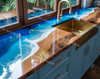 Custom-Made Blue Ocean Theme Dining Table | Modern Rustic Centrepiece for Living Room