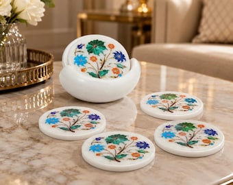 Handmade White Marble Coaster Set with Floral Inlay, Round Stone Drink Coasters, Pietra Dura Coffee Table Decor, Luxury Gift Set