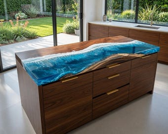 Ocean Wave Epoxy Resin Countertop, Live Edge Wood Kitchen Island Top, Blue Sea Resin Bar Counter, Custom Handmade Worktop