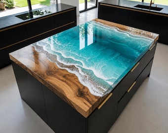 Ocean Wave Epoxy Countertop, Live Edge Wood Kitchen Island Top, Blue Resin Coastal Bar Counter, Custom Handmade Worktop