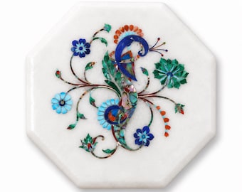 Handmade Peacock Marble Inlay Tile, Octagon Floral Stone Tile, White Marble Mosaic Wall Accent, Turquoise Lapis Decorative Tile