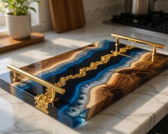 Luxury Epoxy River Serving Tray with Gold Flakes, Handmade Wood Resin Tray with Handles, Blue Ocean Resin Tray, Modern Kitchen Decor Gift