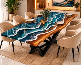 Ocean Wave Epoxy Dining Table, Handmade Wood Resin River Table, Luxury Blue Resin Dining Room Table, Custom Coastal Statement Table