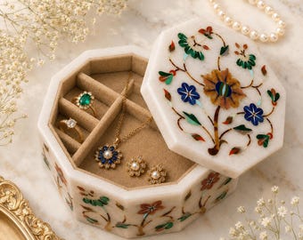 Octagonal White Marble Jewelry Box with Floral Inlay, Handmade Gemstone Jewellery Organizer, Luxury Keepsake Wedding Gift