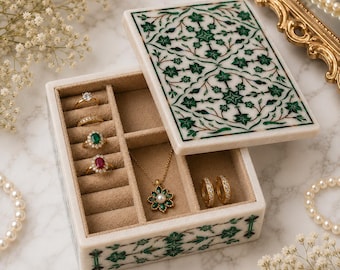 White Marble Jewelry Box with Green Floral Inlay, Handmade Gemstone Keepsake Box, Luxury Ring Organizer, Wedding Gift