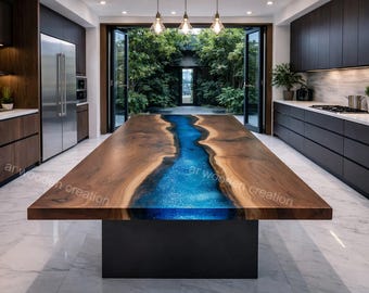 Custom Blue Epoxy River Kitchen Island Countertop – Handmade Wood Resin Tabletop for Modern Luxury Kitchen