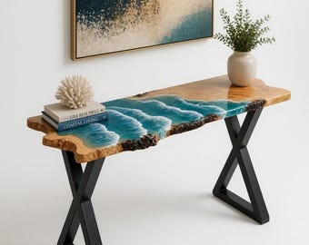 Mesa consola Ocean Epoxy con patas en forma de X, mesa de resina de madera con borde natural, mesa de entrada de estilo costero, decoración de muebles de lujo hechos a mano