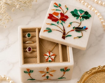 White Marble Jewelry Box with Floral Bird Inlay, Handmade Gemstone Jewellery Organizer, Luxury Keepsake Box, Wedding Gift