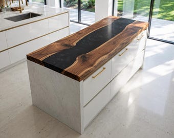Black Epoxy Resin Countertop, Live Edge Wood Kitchen Island Top, Black River Slab, Custom Handmade Bar Worktop