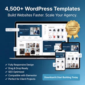 Peut inclure: Maquette numérique présentant un ordinateur portable, une tablette et un smartphone affichant des modèles de sites Web. L'image comprend le texte "4 500+ WordPress Templates" et "Download & Start Building Today". Un sceau doré indique "Commercial License Included".