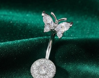 Round Cut Moissanite Belly Button Ring, 14K White Gold Plated Diamond Butterfly Navel Barbell, Women's Piercing Jewelry Gift