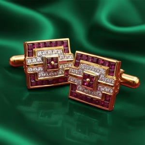 Men's Ruby Moissanite Cufflinks, 14K Gold Plated Sterling Silver, Wedding Groom Jewellery