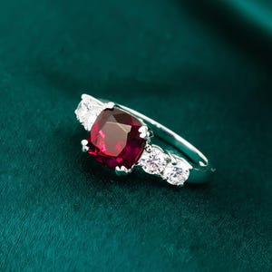 Cushion Cut Red Ruby Five Stone Ring, 14K White Gold Plated Diamond Wedding Ring, Handmade Ruby Promise Ring Gift for Her