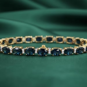 Pulseira de tênis com safira azul de corte oval, pulseira de tênis em ouro amarelo 14k com diamantes, pulseira de casamento feminina, presente para ela com a pedra do mês de setembro.