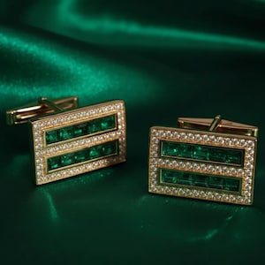 Rectangular Emerald Moissanite Cufflinks, 14K Gold Plated Sterling Silver, Groom Wedding Gift