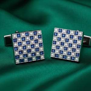 Blue Sapphire Moissanite Square Cufflinks, Sterling Silver Checkerboard Men’s Wedding Gift