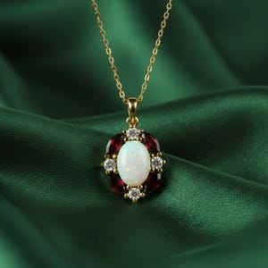 Vintage Inspired Opal Garnet Diamond Pendant, 14K Gold Plated Sterling Silver