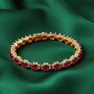 Pink Ruby Vintage Tennis Bracelet, 14K Gold Plated Sterling Silver