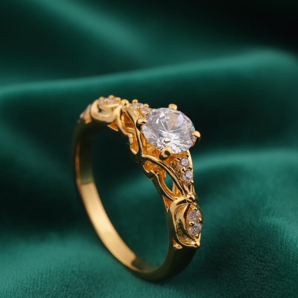 Dainty Moissanite Solitaire Ring, 14K Gold Plated Band, Vintage Diamond Style Bridal Round