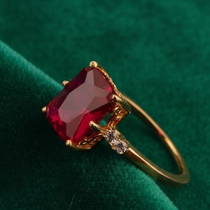 Radiant Cut Ruby Engagement Ring, 14K Gold Plated Sterling Silver