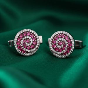 Boutons de manchette spirales en argent sterling, pierre précieuse rubis moissanite, bijoux pour homme ronds