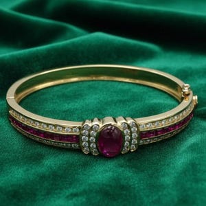 Oval-Cut Red Ruby Bangle Bracelet, 14k Yellow Gold-Plated Diamond Halo Bangle Bracelet, Women's Wedding Bangle Bracelet, Gift For Her