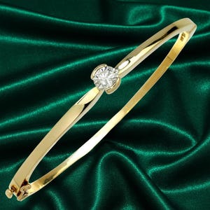 14K Gold Plated Moissanite Solitaire Bangle Bracelet, Sterling Silver, Elegant Custom Jewelry