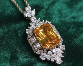 Wisiorek z diamentami Radiant Cut Yellow Citrin, srebro próby 925 pokryte białym złotem 14k