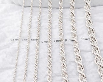 925 Sterling Silver Rope Chain Necklace, Twisted Rope Link Chain for Men Women, Thick Thin Sizes, Durable Italian Silver Jewelry Gift