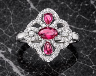 Handgemaakte roze zirkoonring met patroon 925 sterlingzilver, statement zirkoonring met bloemen, vintage stijl zilveren ring, cadeau voor haar