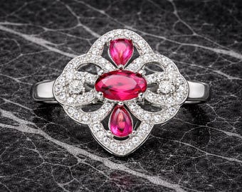 Anello in argento sterling 925 con zirconi rosa decorati a mano, anello floreale con zirconi di grande effetto, anello in argento in stile vintage, regalo per lei.