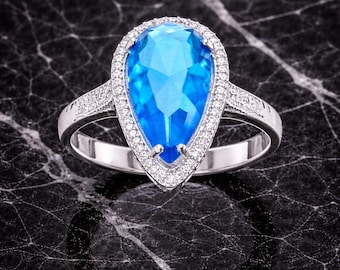 925 sterlingzilveren druppelvormige blauwe zirkoonsteenring