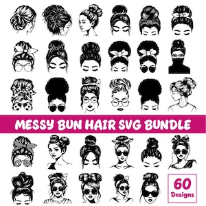 Messy Bun SVG Bundle, Mom Life Svg, Messy Bun Png, Afro Women Svg, Bun Hair Svg, USA Mom Pvg, Glasses Svg, Digital Download
