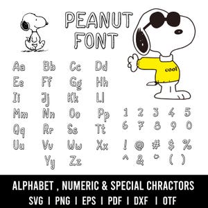 May include: A black and white illustration of the Peanut Font, featuring the alphabet, numbers, and special characters. Snoopy is shown wearing sunglasses and a yellow shirt with the word "cool". The image includes the text "ALPHABET, NUMERIC & SPECIAL CHRACTORS".