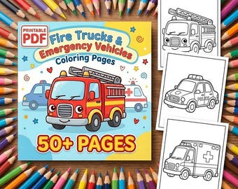 Puede incluir: Un libro para colorear para niños titulado "Fire Trucks & Emergency Vehicles Coloring Pages" con una ilustración de un camión de bomberos rojo. Incluye más de 50 páginas de actividades para colorear. Lápices de colores rodean el libro.