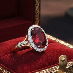 Peut inclure: Une bague en or avec une grosse pierre rouge ovale, entourée de petits diamants blancs. La bague est présentée dans un écrin à bijoux en bois, doublé de velours rouge, avec des détails dorés et un fermoir décoratif.