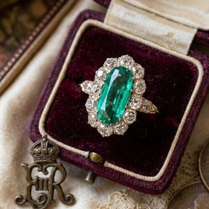 Anillo antiguo con halo de esmeraldas y diamantes, joyería llamativa victoriana eduardiana.