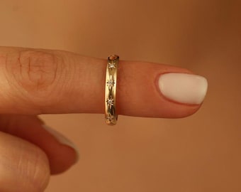Vintage diamanten Starburst-bandring | Massief gouden stapelbare huwelijkssieraden