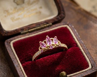Vintage tiararing - kroonring met roze marquise-stenen - balring antieke stijl - retro prinsesring - delicate koninklijke stapelring
