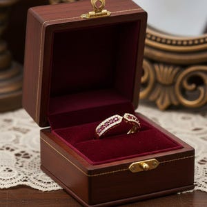 Op de afbeelding: Een gouden ring met rode edelstenen en kleine witte diamanten ligt in een open houten sieradendoosje. De doos is bruin, gevoerd met rood fluweel en voorzien van gouden details.